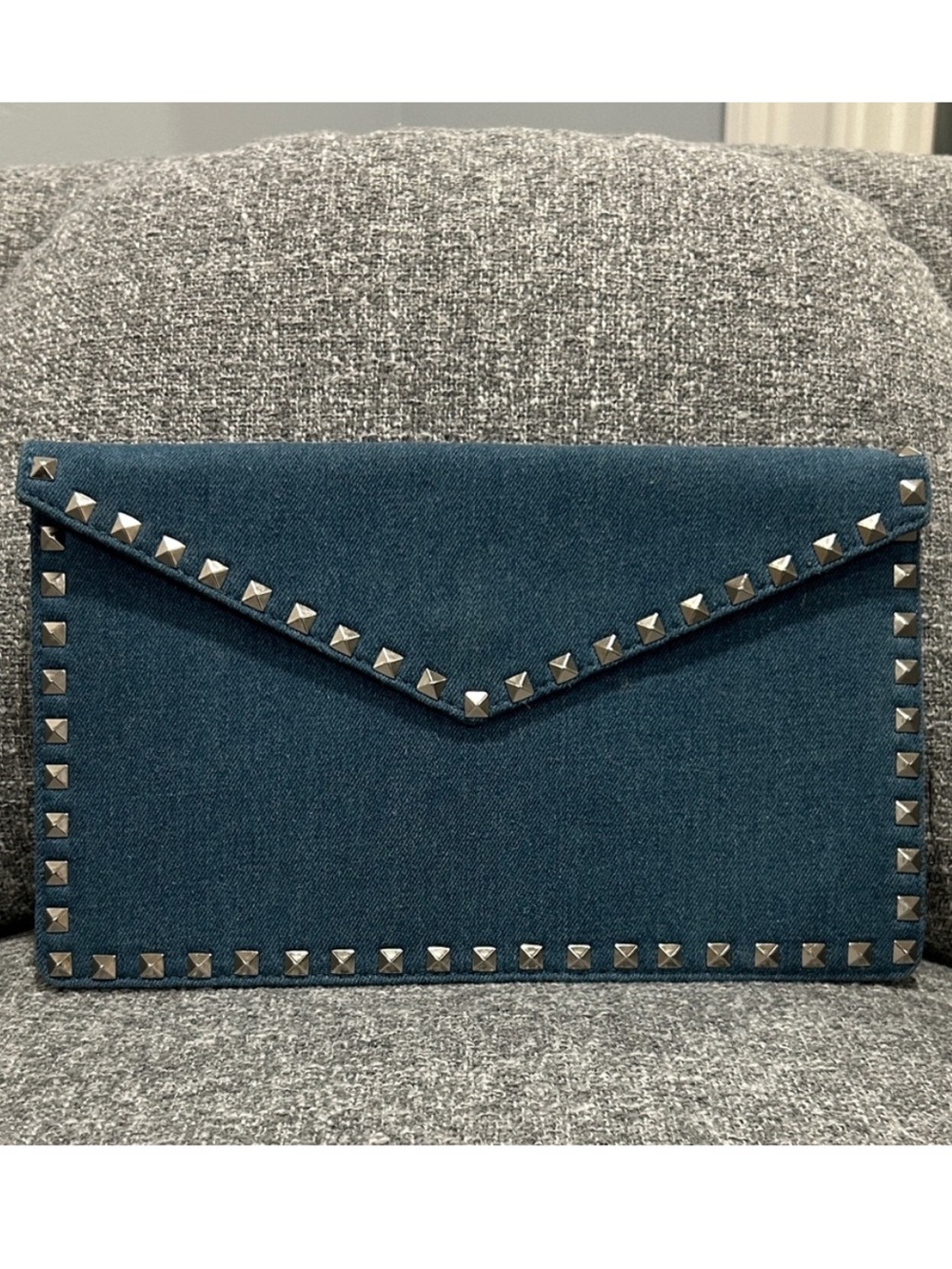 INZI Denim Blue Rockstud Envelope Clutch 11”W x 7”H